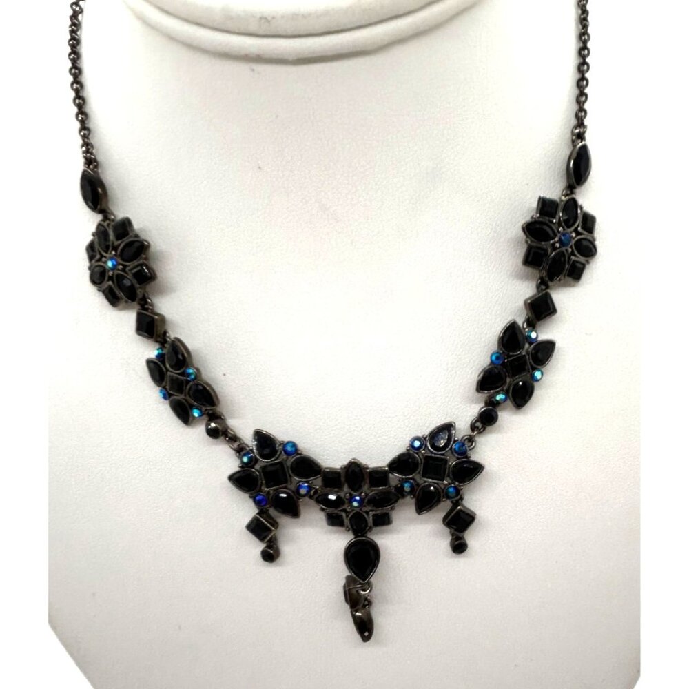 Black Glass Necklace Set Blue Aurora Borealis Crystals Earrings Bracelet Gothic - Picture 5 of 13